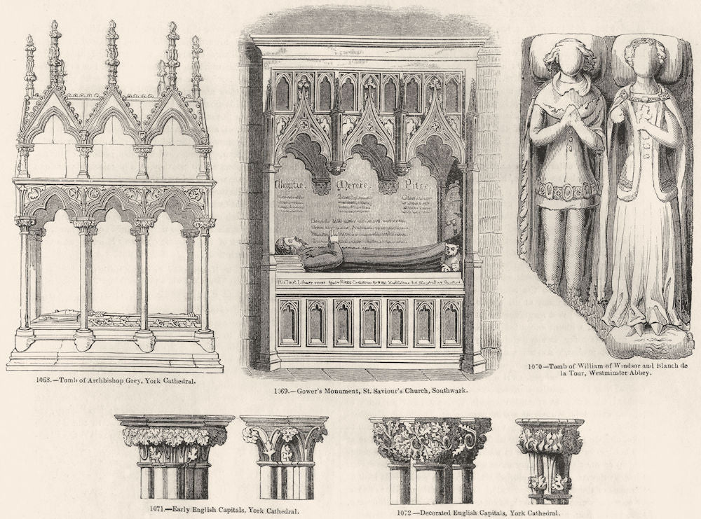 YORK. Grey, Cathedral; Gower, St Saviour, Southwark 1845 old antique print